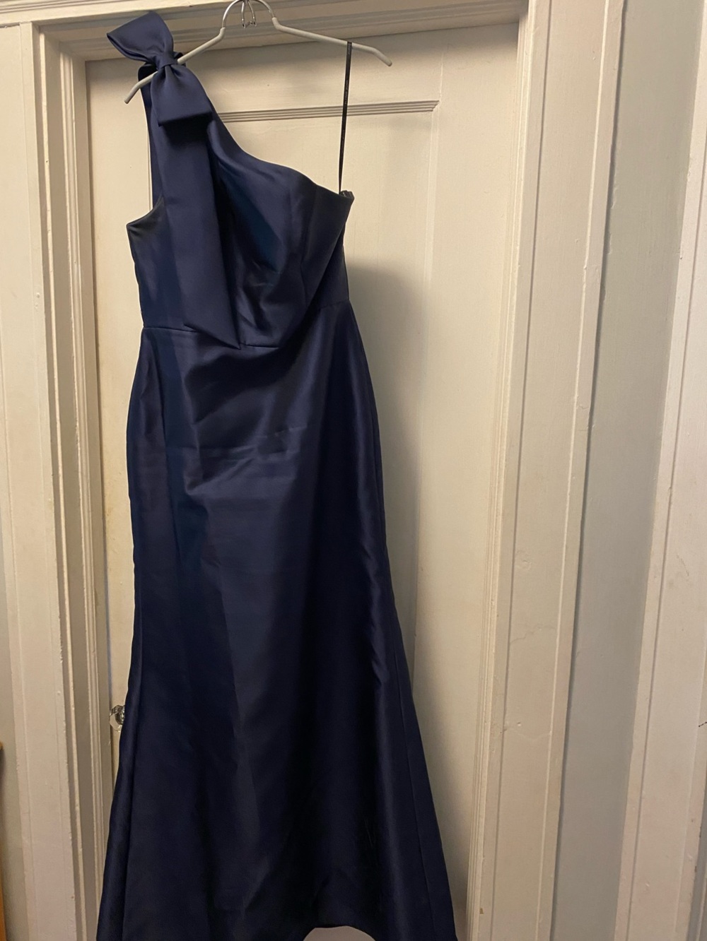 Alfred Sung Bridesmaid Maxi Dress D794 Midnight Navy Blue off shoulder bow 10 R
